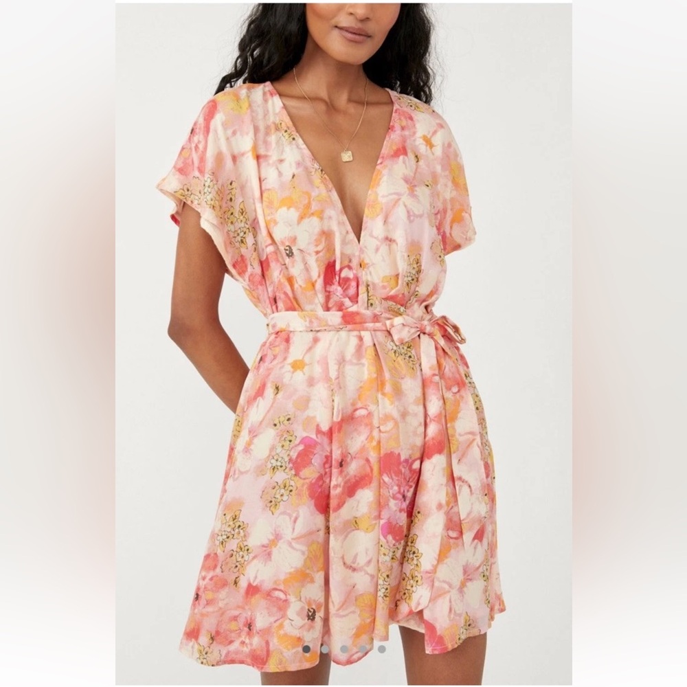 NWT Free People Freddy Tie Mini Dress Floral Pink Size XS